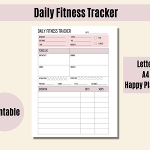 Printable Workout Tracker, Daily Fitness Tracker, Food Log, Hydration Tracker, Letter, A4, Classic Happy Planner