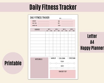 Printable Workout Tracker, Daily Fitness Tracker, Food Log, Energy Tracker, Mood Tracker, Letter, A4, Classic Happy Planner