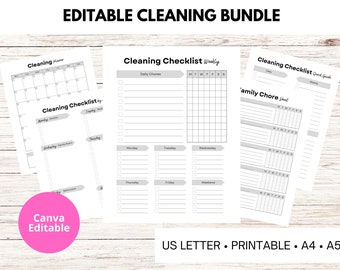 Editable Cleaning Bundle, Printable Cleaning Planner, Cleaning Schedule, Monthly Cleaning, Weekly Cleaning, US Letter, A4, A5