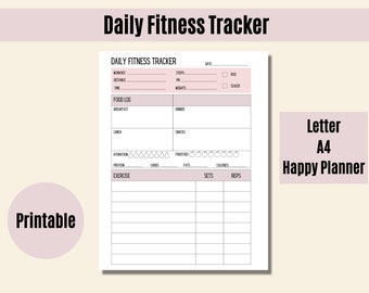 Printable Workout Tracker, Daily Fitness Tracker, Food Log, Hydration Tracker, Letter, A4, Classic Happy Planner