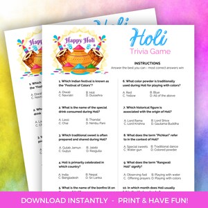 Holi Trivia Game, Printable Festival Of Color Trivia Game Activity, Holi Festival Party, Holi Festival Games, Holi Festival Activity