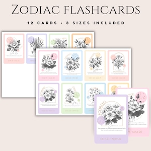 Dierenriem-flashkaarten, 12 afdrukbare astrologie-flashkaarten, dierenriemkaarten, astrologische tekens, horoscoop, astrologiekaarten, thuisonderwijs, sterrenbeeld