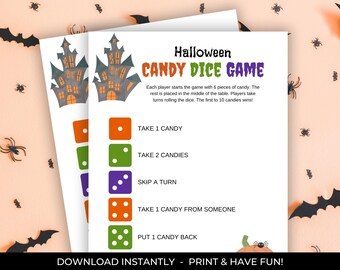 以下が含まれることがあります： 印刷可能なハロウィーンキャンディーダイスゲームの説明書付き。ゲームには、幽霊屋敷のイラストと、「キャンディーを1つ取る」や「ターンをスキップする」などの異なるアクションが書かれたサイコロが描かれています。