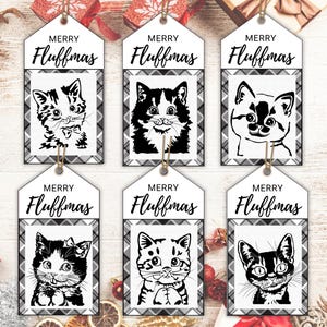 Kat kerstcadeaukaartjes, afdrukbare kat vakantie hang tags, kerst gunst Tags, kattenliefhebber cadeaukaartjes, tags vakantie traktatie, Merry Fluffmas tag