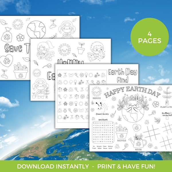 Earth Day Coloring Activity Placemat, Printable Earth Day Party Placemat, Earth Day Activity Sheet, Environmental Awareness Coloring Sheet