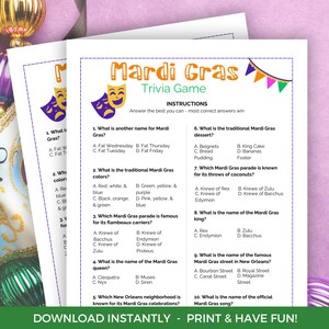 Mardi Gras Trivia Game, Fat Tuesday Party Game, Printable Mardi Gras Activity, Mardi Gras Themed Party Game, New Orleans Game, Trivia Game