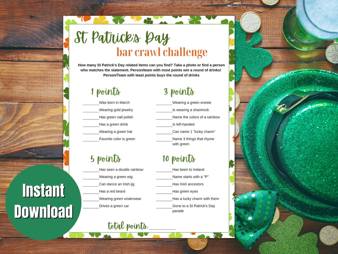 Printable St Patrick's Day Pub Crawl Scavenger Hunt, St Patrick's Day ...