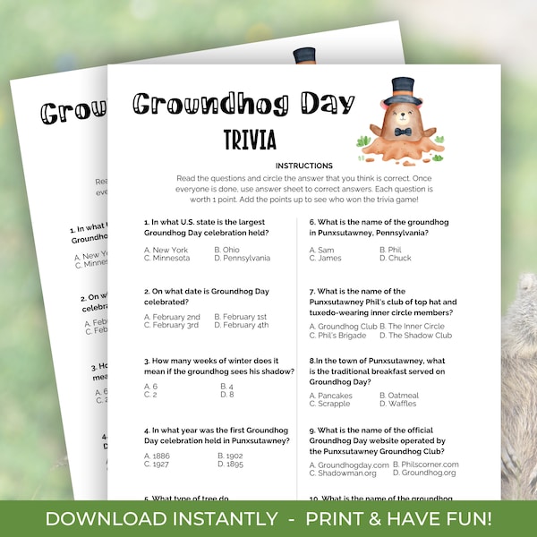 Groundhog Day Trivia Game, Printable Trivia Game, Groundhog Day Party Game, Punxsutawney Phil, Groundhog Day Party Game for Kids And Teens