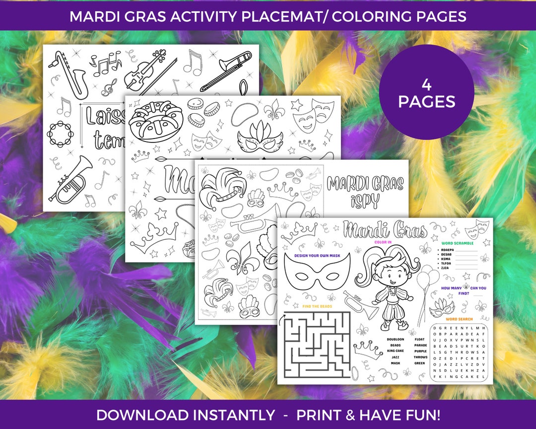 Mardi Gras Coloring Placemat, Printable Mardi Gras Activity Placemat, Mardi Gras Themed Coloring Pages, Mardi Gras Coloring Sheets, Carnival