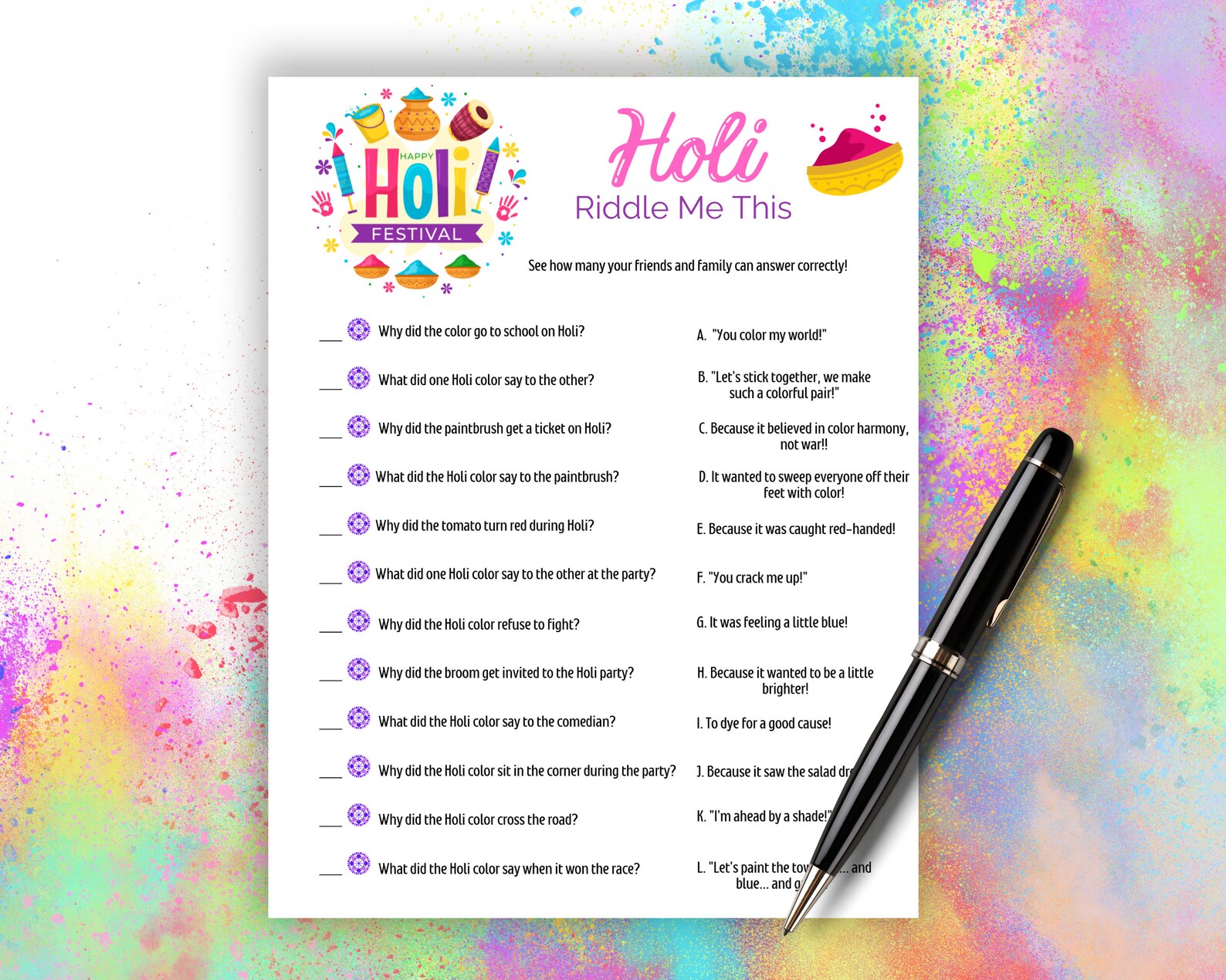 Color Name Game Riddle Holi Riddle Me This, Printable Festival of Color Riddle Me This ...