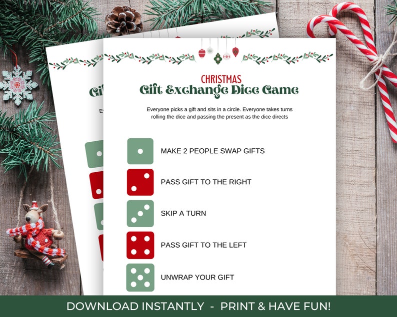 Christmas Gift Exchange Dice Game, Printable Christmas Gift Dice Game