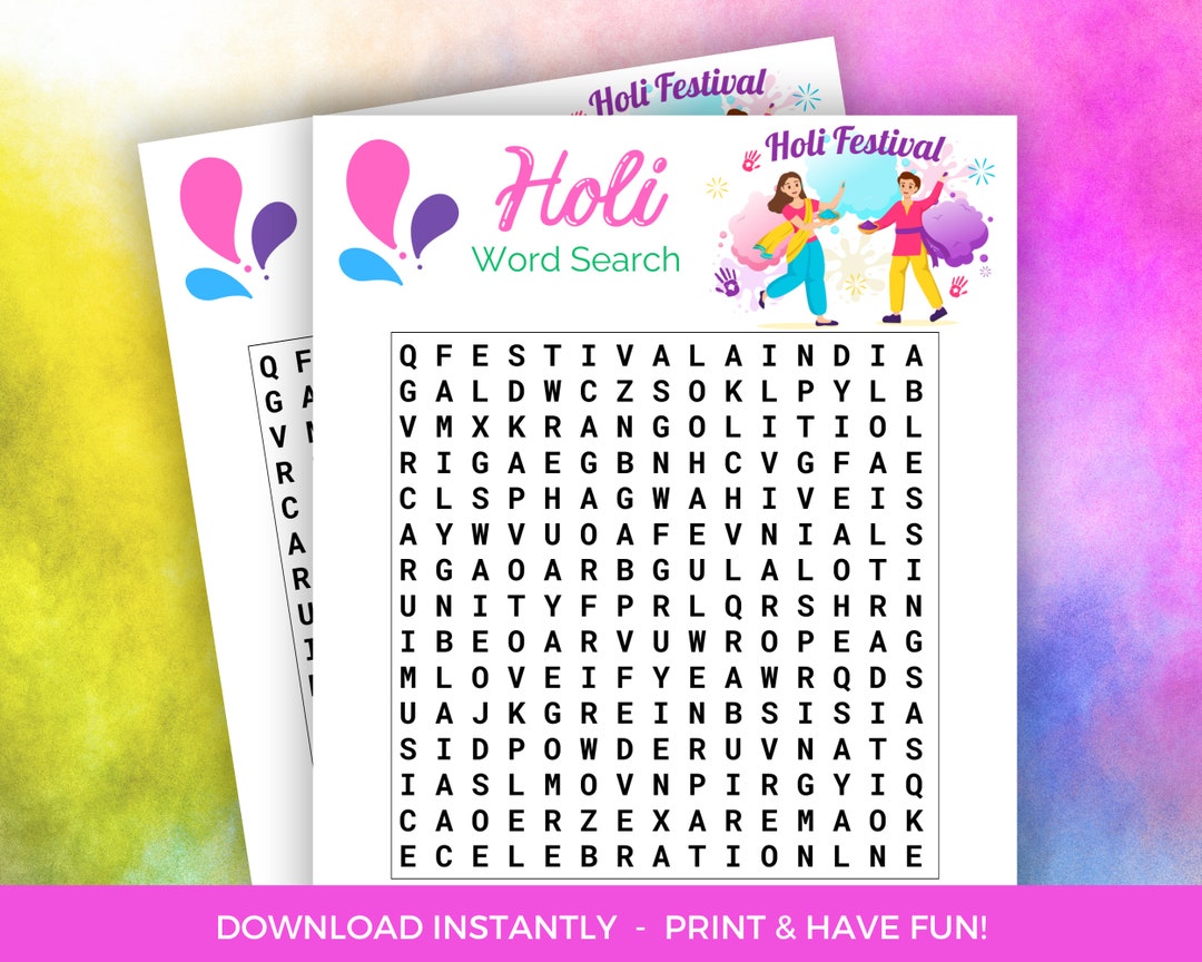 Holi Word Search, Printable Festival of Color Word Search Activity
