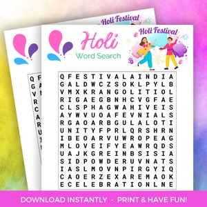Holi Word Search, Printable Festival Of Color Word Search Activity, Holi Festival Party, Holi Festival Games, Holi Festival Activity