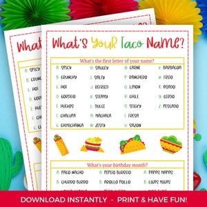 Cinco De Mayo What&#39;s Your Taco Name Game, Printable Cinco De Mayo Activity, Cinco De Mayo Printable, Cinco De Mayo Party Game, Fiesta Game