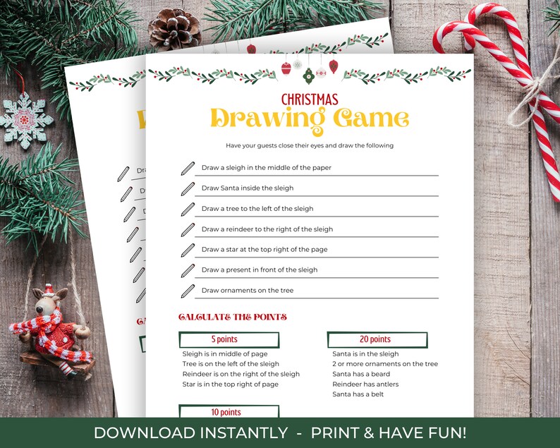 Christmas Drawing Game, Printable Christmas Drawing Challenge Game