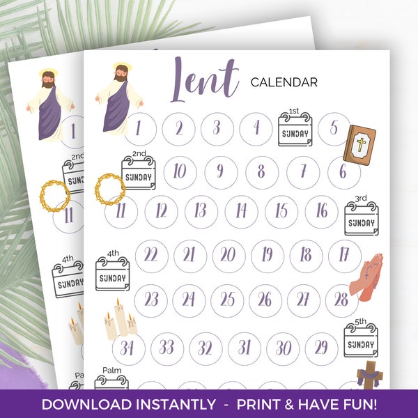 Lent Countdown Calendar, Printable Lenten Coloring Calendar, Ash Wednesday, Lent Coloring Activity, Christian And Catholic Lenten Calendar