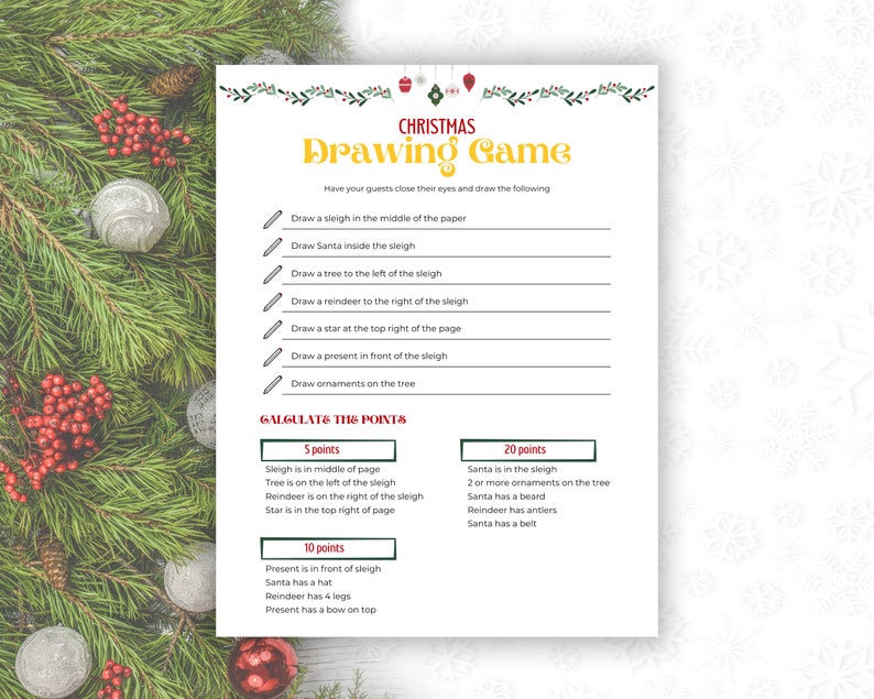 Christmas Drawing Game, Printable Christmas Drawing Challenge Game