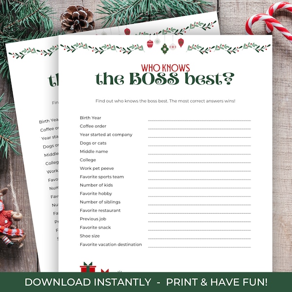 Christmas Office Party Who Knows Boss Best Game, Printable Christmas Work Party Game, Holiday Coworkers Party Game, Office Party Game