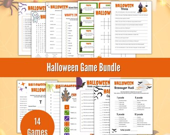 Op de afbeelding: Een set van 14 printbare Halloween-spellen voor kinderen. De spellen bevatten een woordzoeker, een speurtocht, een waarheid-of-durf-spel, een quizspel en meer. De spellen zijn allemaal rond Halloween gebaseerd en bevatten leuke illustraties van geesten, vleermuizen, pompoenen en andere Halloween-personages.