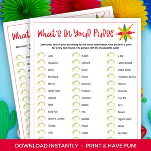 Cinco De Mayo What&#39;s In Your Purse Game, Cinco De Mayo Game, Cinco De Mayo Printable, Cinco De Mayo Party Game, What&#39;s In Your Bag Activity