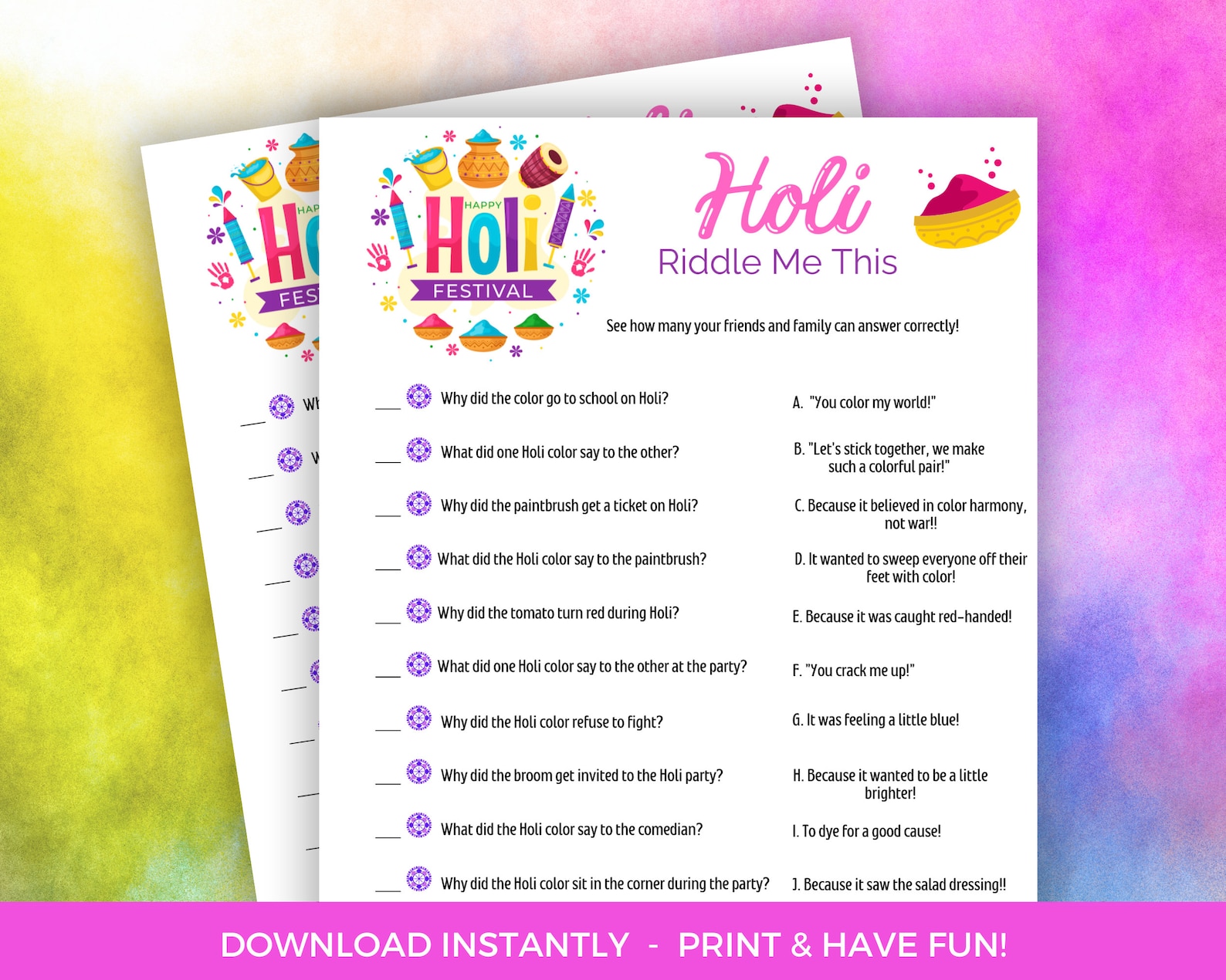 Multiple Color Hat Riddle Holi Riddle Me This, Printable Festival of Color Riddle Me This ...