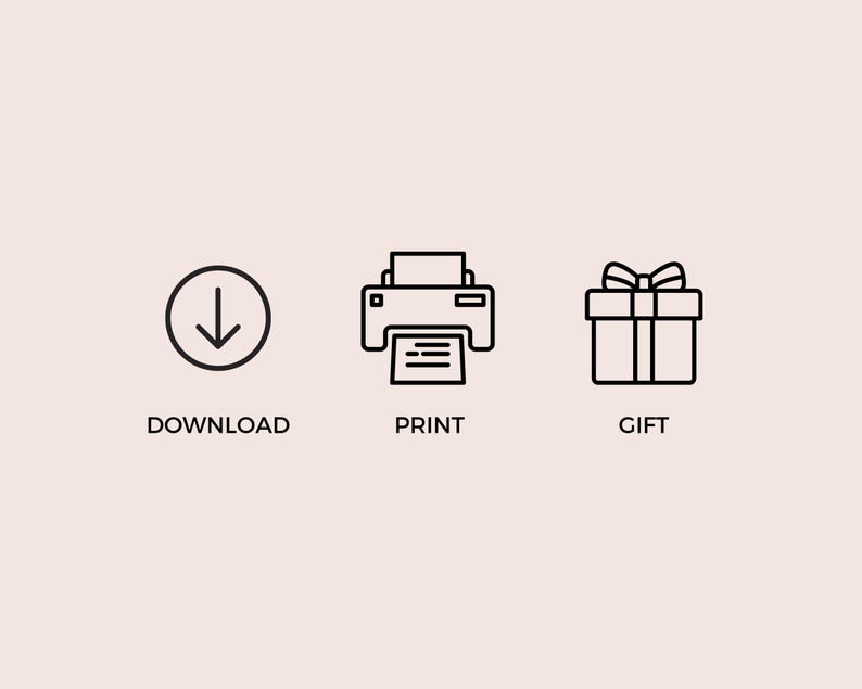 May include: Three black and white icons representing download, print, and gift options. The download icon is an arrow pointing down. The print icon is a printer with a piece of paper coming out. The gift icon is a box with a bow on top.