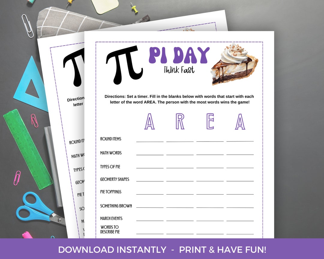 Pi Day Think Fast Game, Printable Pi Day Think Fast Activity, Pi Day