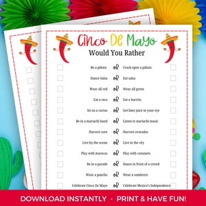 Cinco De Mayo Would You Rather Game, Printable This Or That Game, Cinco De Mayo Printable, Cinco De Mayo Party Game, Cinco De Mayo Activity