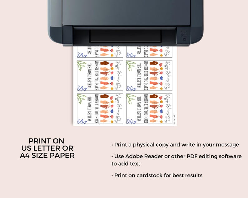 May include: Printable cards with a colorful illustration of hands and the text "Women like you make the world better!" and "Happy Women's Day".