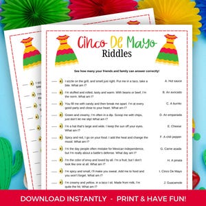 Cinco De Mayo Riddles Game, Printable Cinco De Mayo Activity, Cinco De Mayo Printable, Cinco De Mayo Party Game, Riddles Activity
