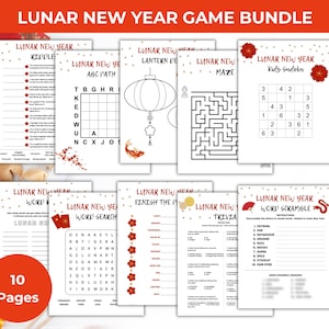 May include: A set of ten printable Lunar New Year game pages for kids. The pages include a word search, a maze, a word scramble, a kiddle, an ABC path, a lantern design, a finish the picture, and a trivia game. The pages are decorated with red and gold accents.