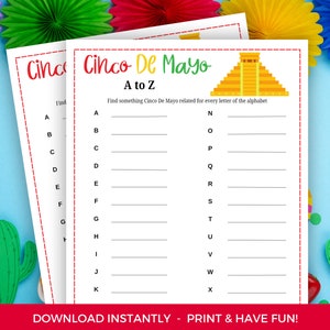 Cinco De Mayo A To Z Game, Printable Cinco De Mayo Activity, Cinco De Mayo Printable, Cinco De Mayo Party Game, Word Game, A To Z Race Game
