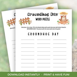 Groundhog Day Word Puzzle Game, Printable Groundhog Day Word Puzzle Game, Groundhog Day Party Game, Punxsutawney Phil Activity, Word Game