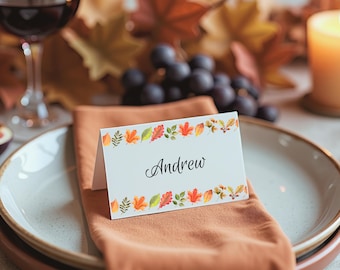 Thanksgiving Name Card Template, Friendsgiving Name Place Cards, Editable Name Card Template, Printable Name Card, Fall Leaves Place Card