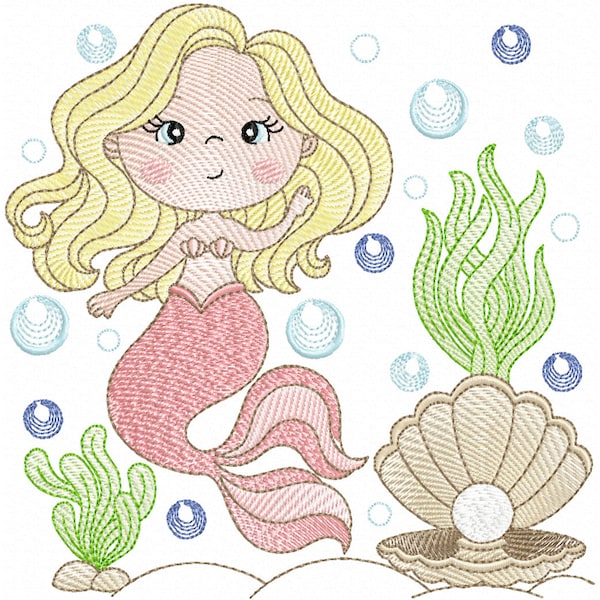 Cute Mermaid Embroidery Designs. Mermaid Girl embroidery designs, Rippled Mermaid embroidery, instant download.