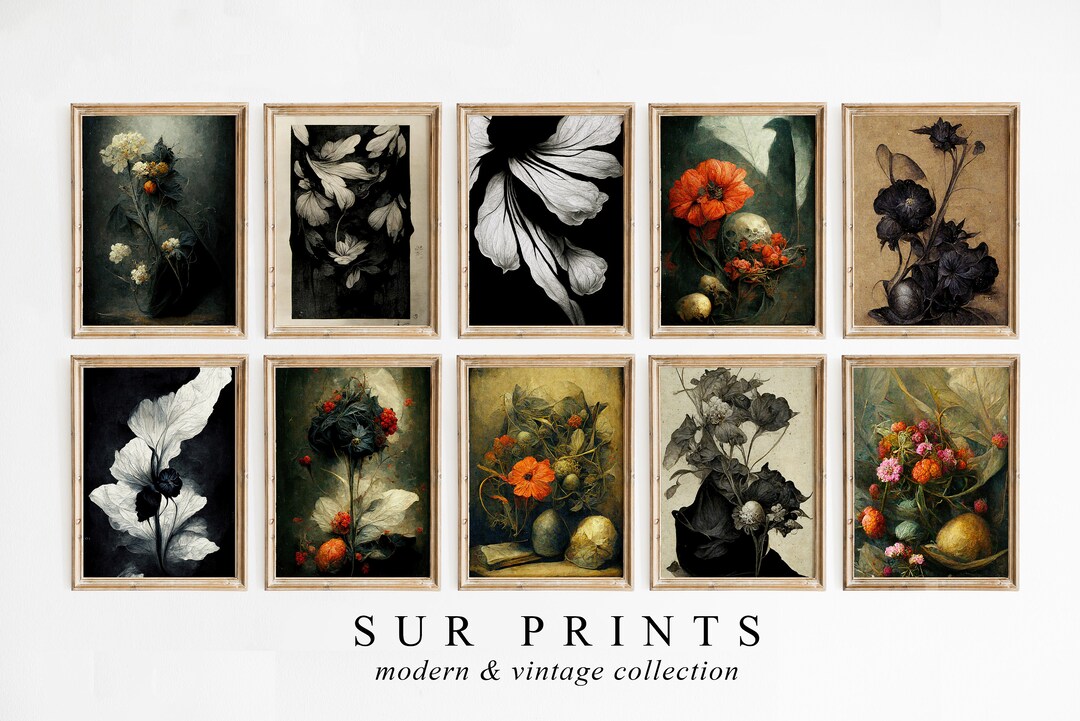 Dark Botanical Gallery Wall Art | Moody Floral Print Set, 10 Piece Wall ...