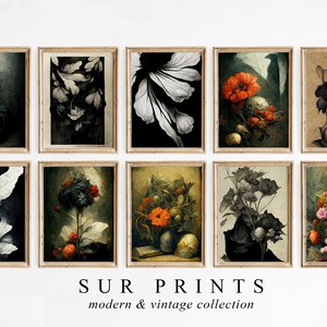 Dark Botanical Gallery Wall Art | Moody Floral Print Set, 10 Piece Wall Art, Dark Academia Print, Digital Download, Printable Wall Art | 138