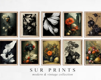 Donkere botanische galerij kunst aan de muur | Humeurige bloemenprintset, 10-delige muurkunst, donkere Academia-print, digitale download, afdrukbare muurkunst | 138