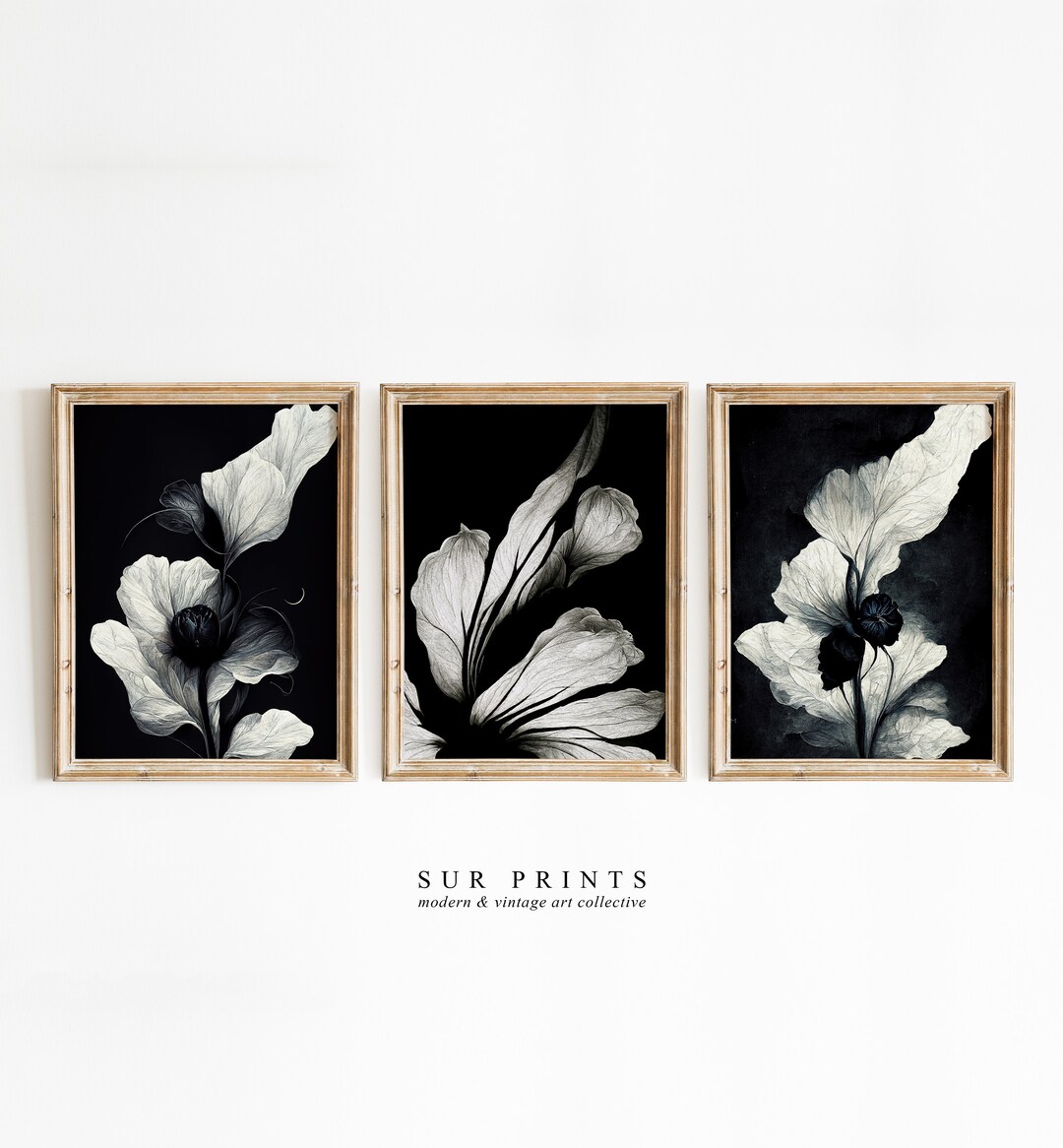 Dark Botanical Gallery Wall Art | Moody Floral Print Set | 3 Piece Wall ...