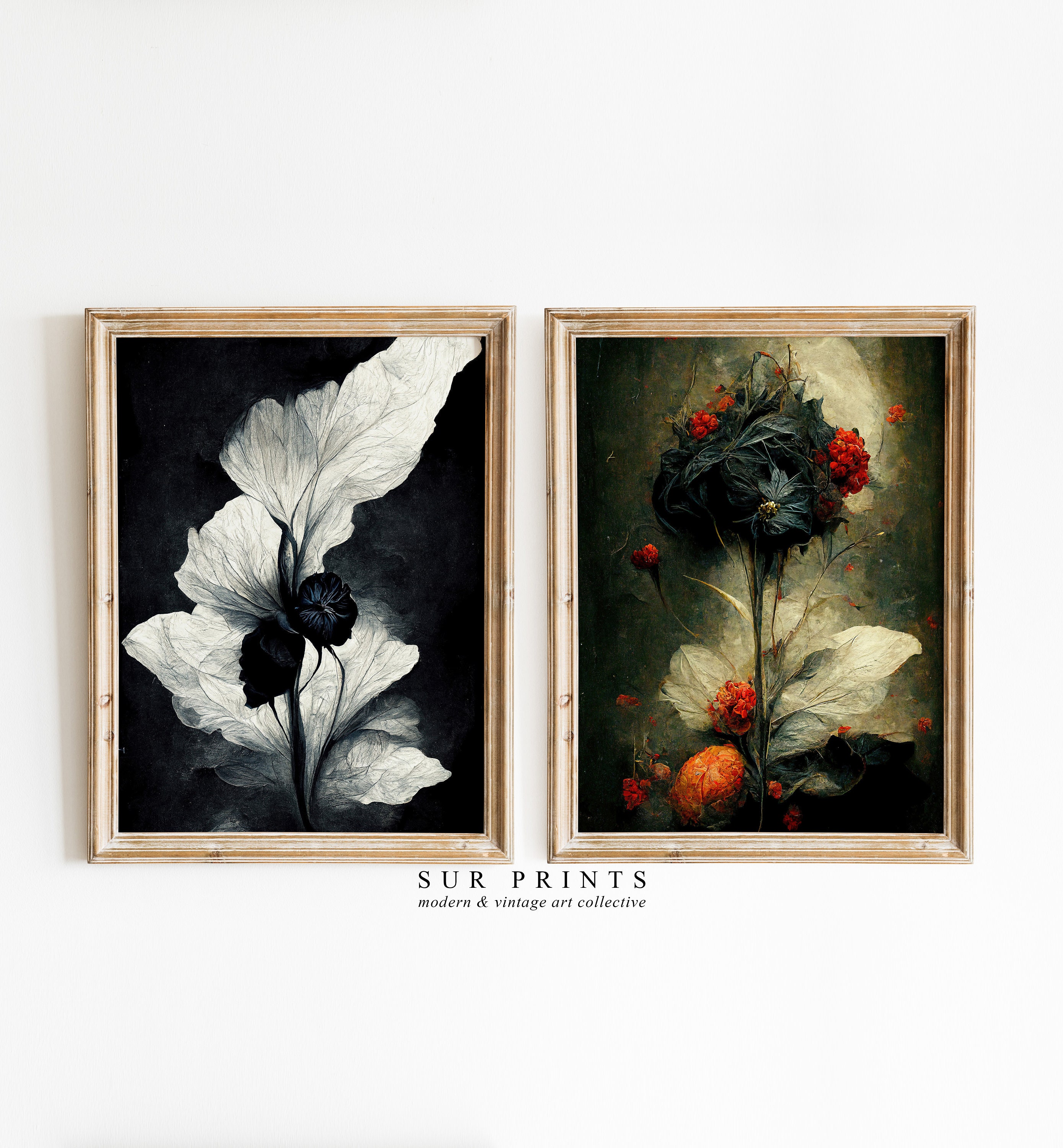 Dark Botanical Gallery Wall Art | Moody Floral Print Set, 10 Piece Wall ...