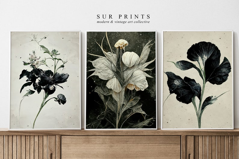 Neutral Botanical Gallery Wall Art, Moody Floral Print Set, 3 Piece ...