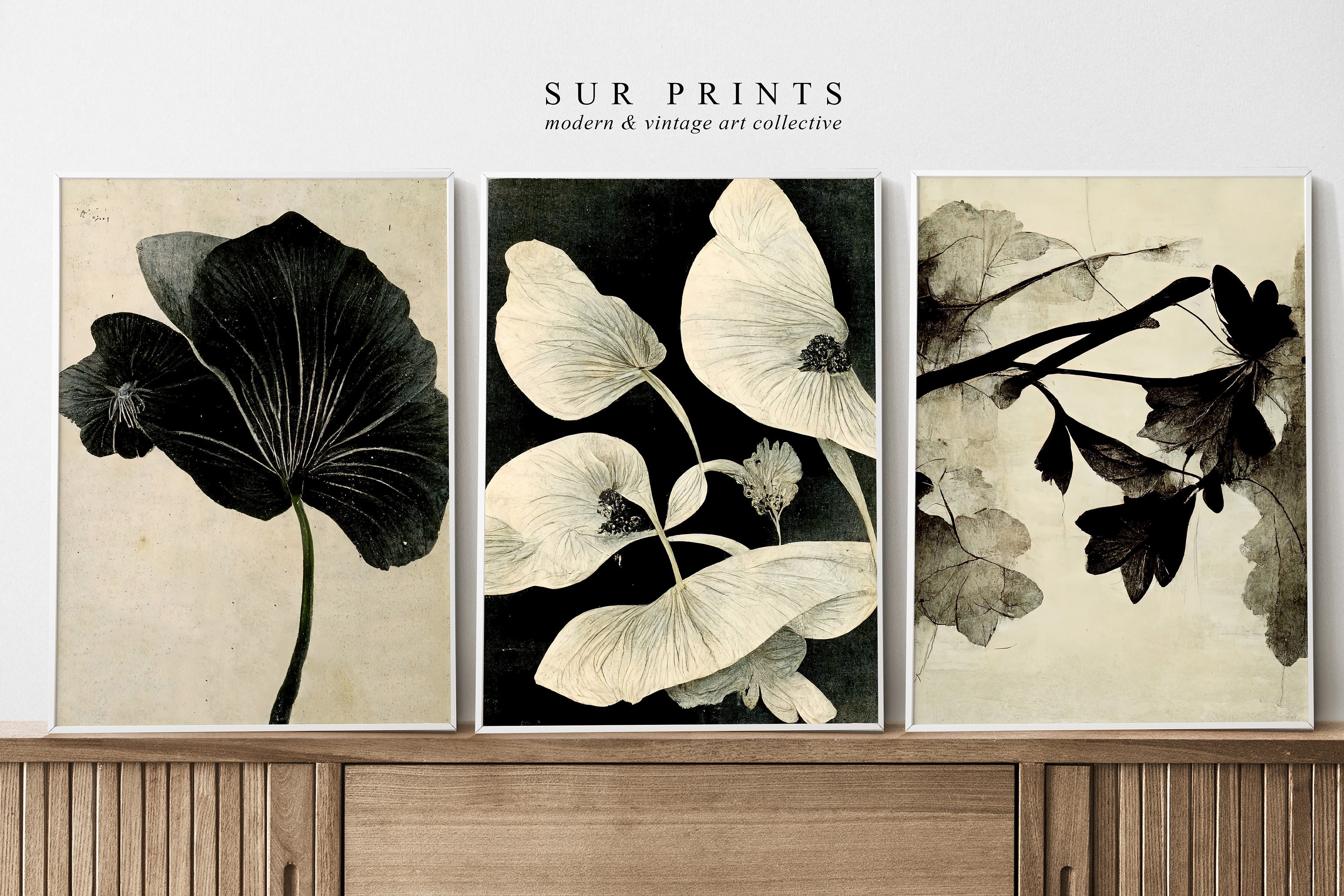 Neutral Botanical Gallery Wall Art, Moody Floral Print Set, 3 Piece ...