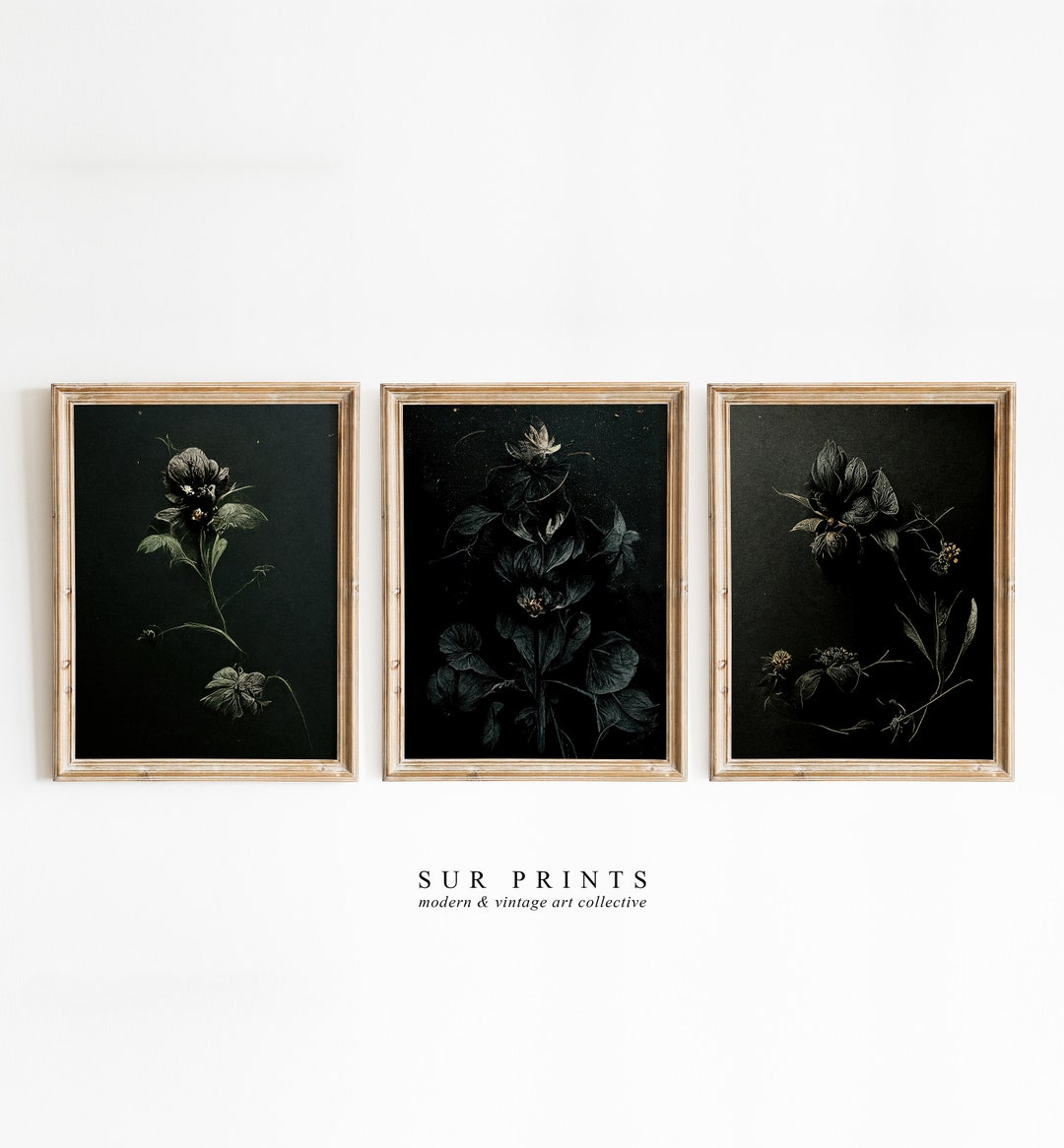 Dark Botanical Gallery Wall Art | Moody Floral Print Set, 3 Piece Wall ...
