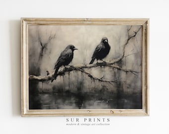 Vintage Raven Printable Wall Art, Moody Painting Digital Print, Dark Academia Print, Gothic Art, Antique Crow Print, Dark Cottage Decor, 195