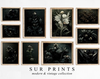 Dark Botanical Gallery Wall Art / Moody Floral Print Set, Arte de pared de 10 piezas, Impresión Dark Academia, Descarga digital, Arte de pared imprimible / 155