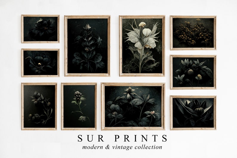 Dark Botanical Gallery Wall Art | Moody Floral Print Set, 10 Piece Wall ...