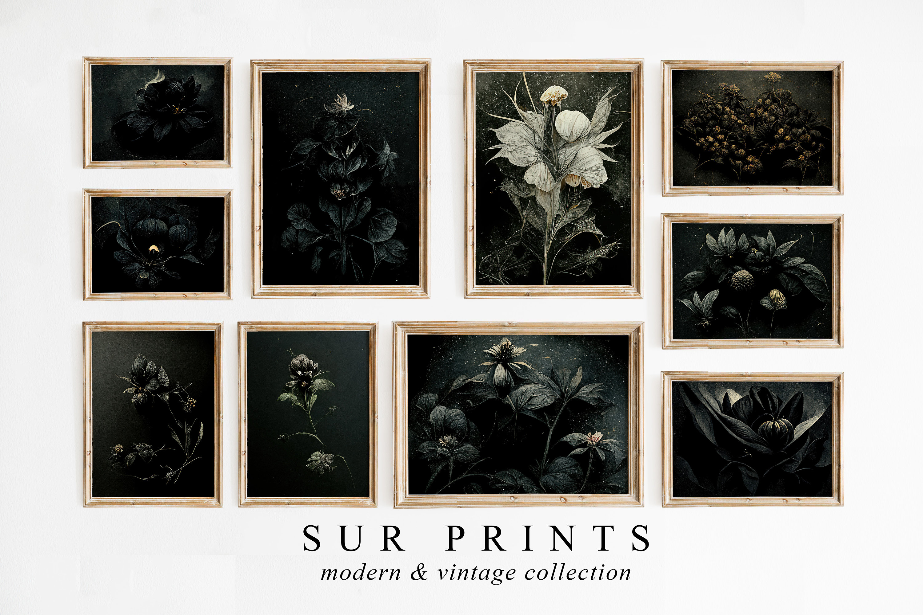 Dark Botanical Gallery Wall Art | Moody Floral Print Set, 10 Piece Wall ...