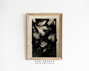 Peinture florale vintage foncé | Art mural à l’encre noir et blanc | Moody Farmhouse | numérique imprimable 065