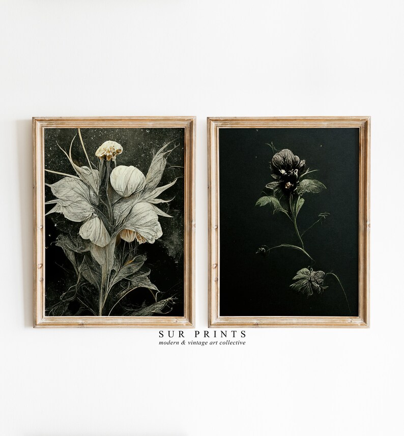 Dark Botanical Gallery Wall Art | Moody Floral Print Set, 10 Piece Wall ...
