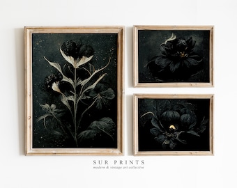 Moody Dark Botanical Gallery Wall Art | Moody Floral Print Set  | 3 Piece Wall Art | Dark Academia Print | Moody Gallery Wall Prints| 148